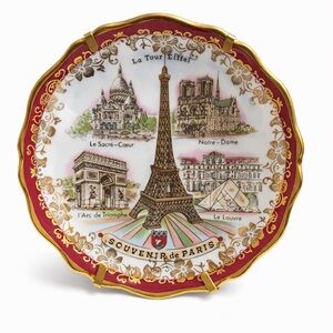Limoges France Paris Souvenir Plate Eiffel Tower Norte Dame with Stand